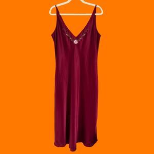 90's vintage red satin floral embroidered midi maxi slip dress LARGE